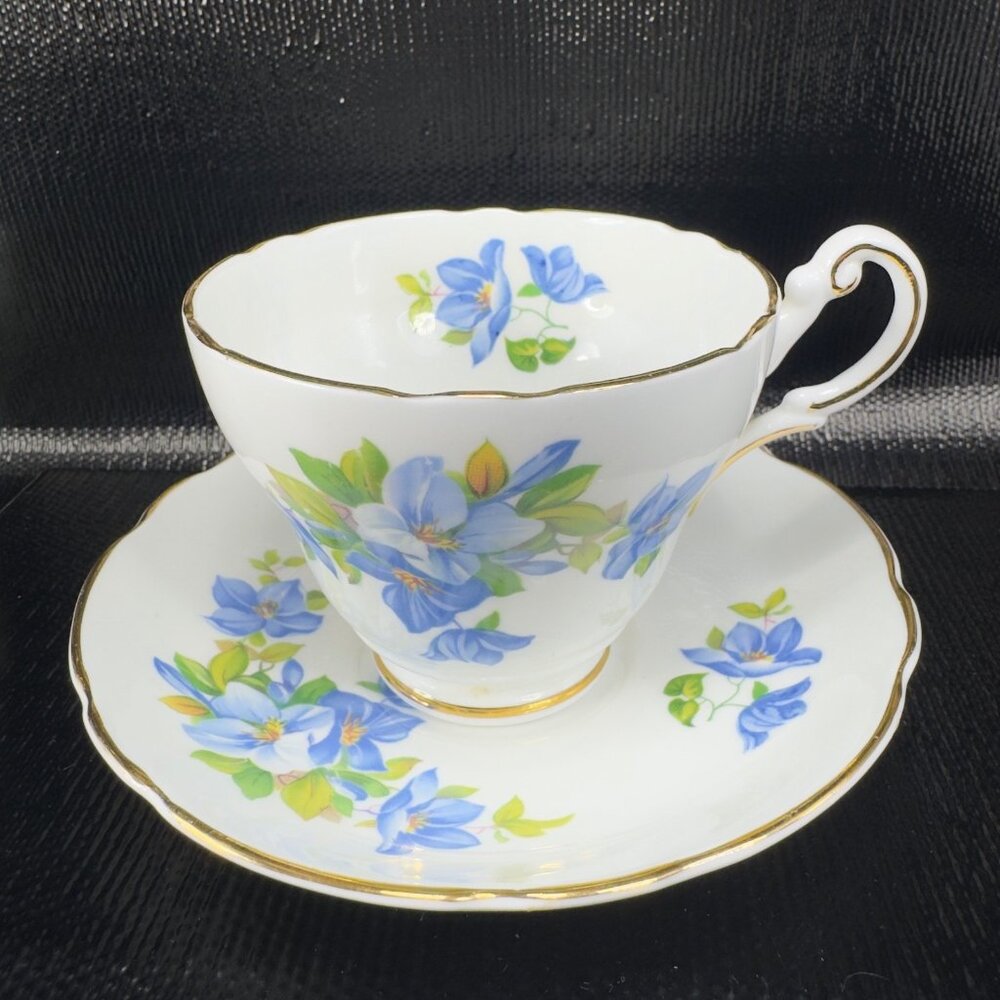 Vintage Regency Teacup Saucer Set Blue Flowers Clematis Bone China England VTG